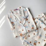 ست بلوز و شلوار راحتی موسلین طرح تدی آبی